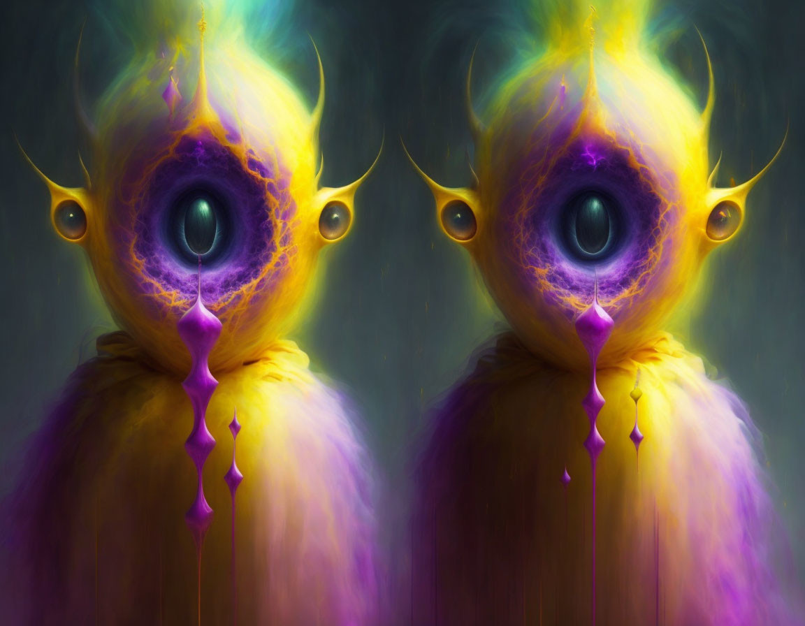 Colorful digital art: Symmetrical alien beings with central eyes and gold horns