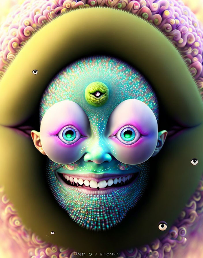 Colorful Surreal Artwork: Face with Multiple Eyes & Exaggerated Features