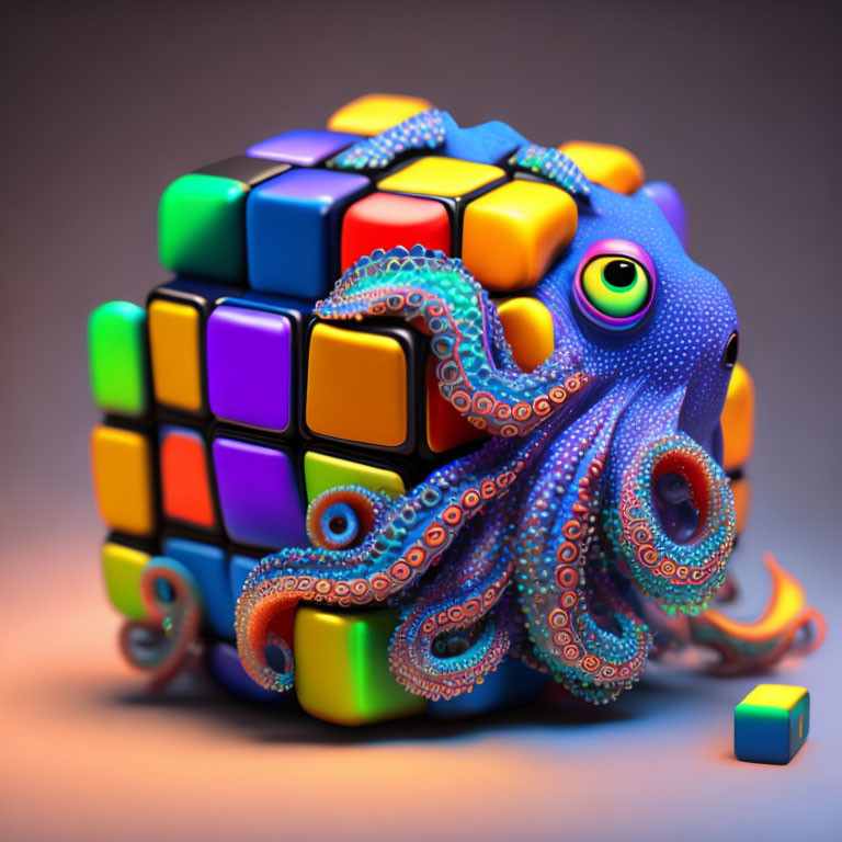 Colorful Octopus Entwined with Rubik's Cube on Gradient Background