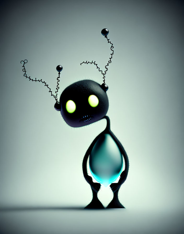 Black spherical robot with green and yellow eyes and antennas on muted background.