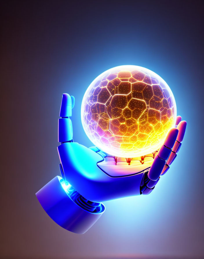 Robotic hand holding glowing energy orb on brown background