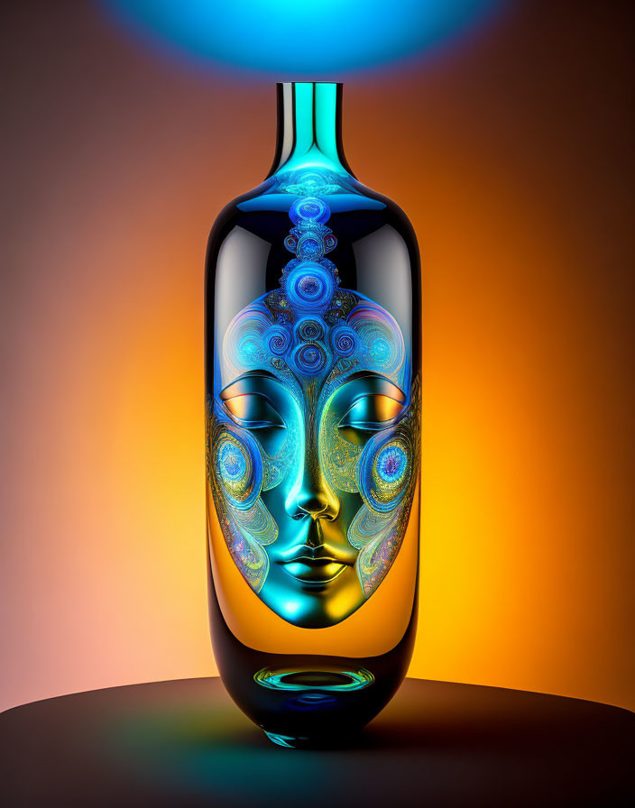 Colorful fractal-patterned face inside transparent bottle on orange background