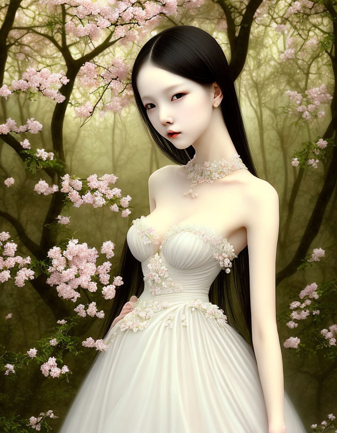 Digital Artwork: Pale-skinned Woman in White Gown Surrounded by Pink Blossoming Trees