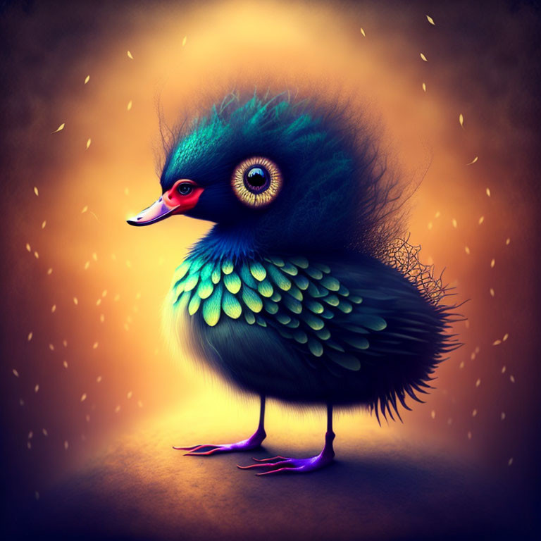 Colorful Bird Illustration with Fluffy Head and Peacock-like Feathers