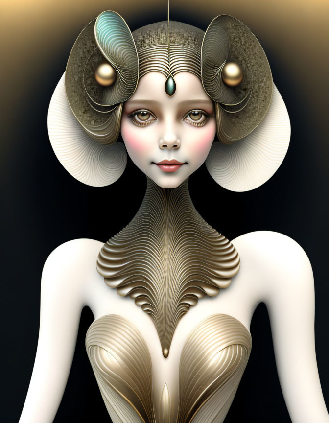 Stylized digital art: Female figure with golden ram horns