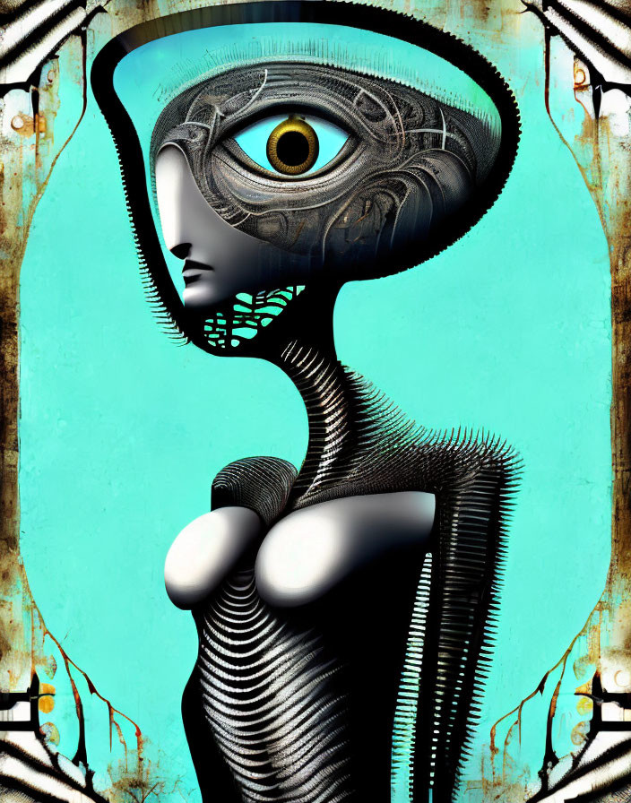 Surreal digital artwork: Entity with elongated neck, single eye in decorated helmet, vintage turquoise