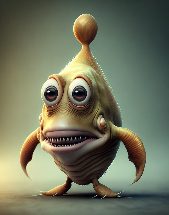 Golden cartoonish character with large eyes and a single antenna