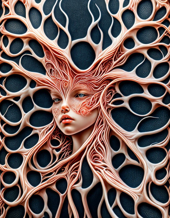 Surreal illustration of woman's face with tree-like hair patterns