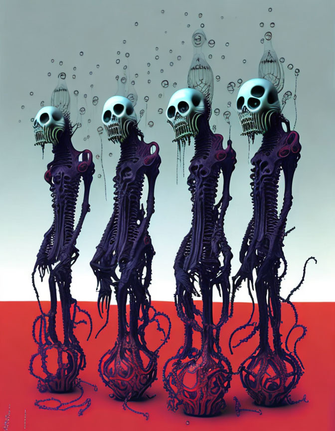 Surreal Artwork: Four Elongated Figures with Skull-like Heads in Purple Bodies