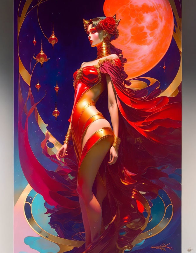 Illustration of woman in red and gold costume with flowing hair against moonlit backdrop