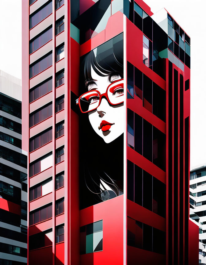 Vibrant digital artwork: Stylized woman with red glasses in abstract cityscape