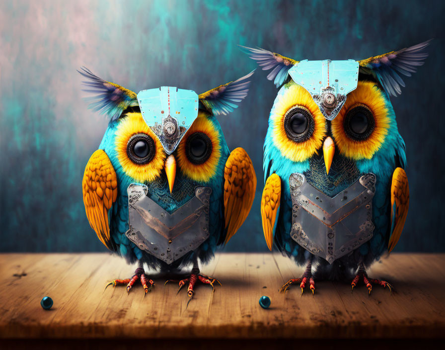 Vividly colored mechanical owls with metal plating and gears against rustic backdrop