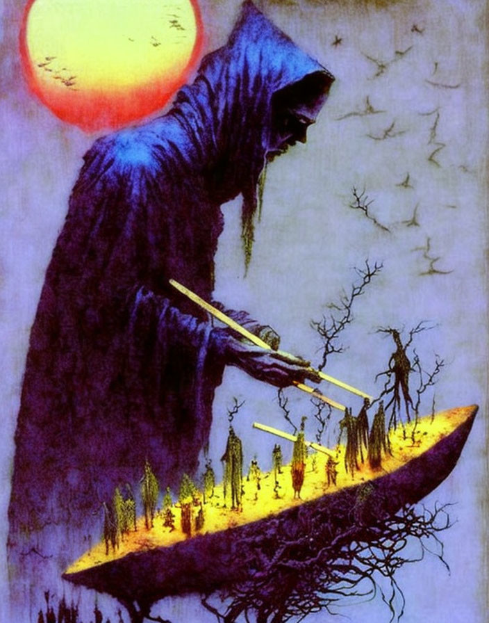 Cloaked figure with scythe on floating canoe under large sun and bare trees.