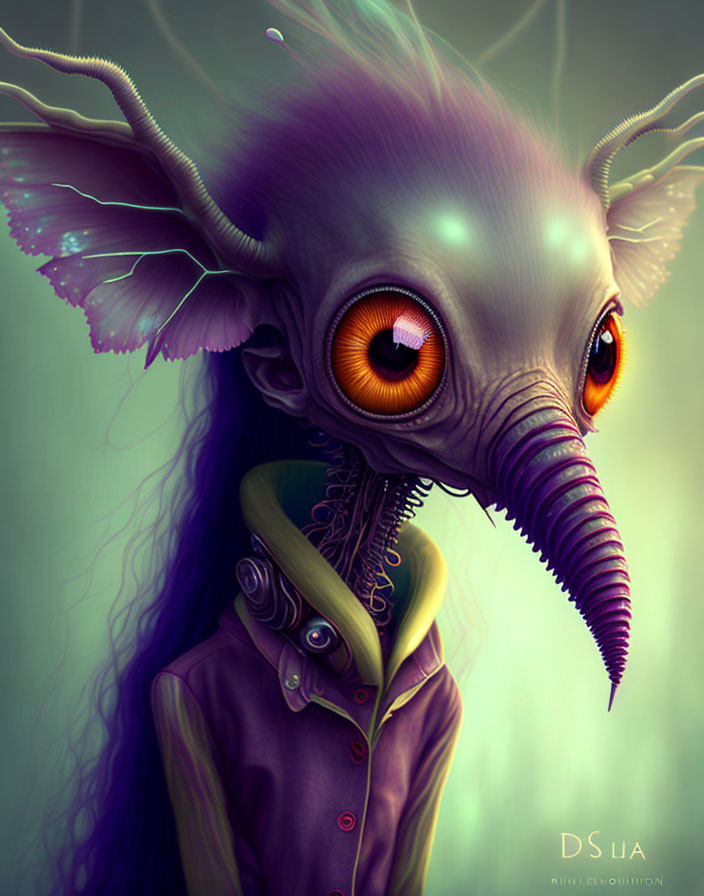 Illustration of creature with long proboscis, orange eyes, purple skin, and stylish attire