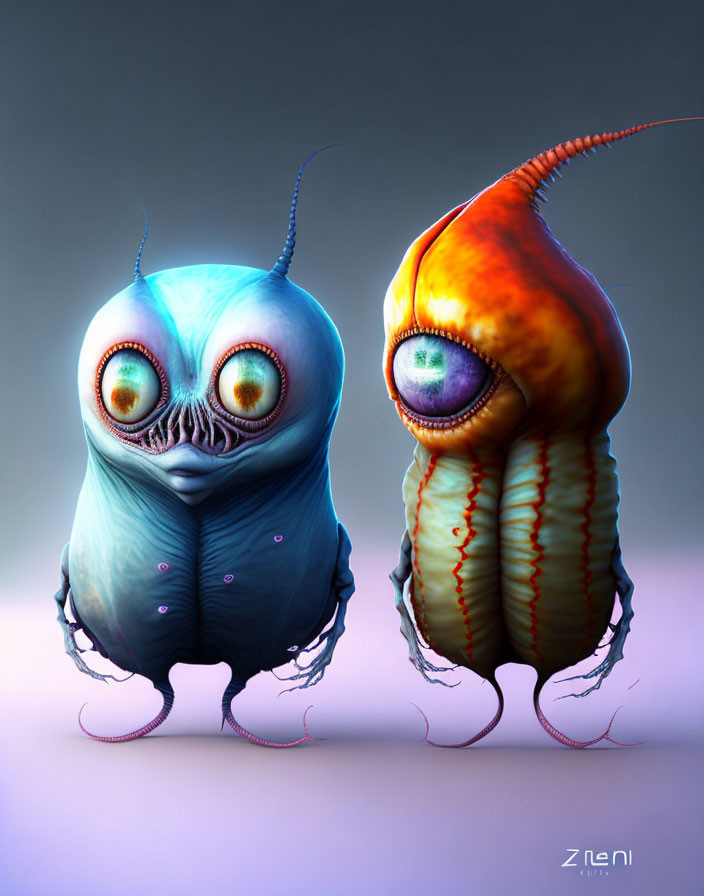 Colorful Stylized Alien Creatures with Large Eyes and Tentacle-like Limbs on Gradient Background