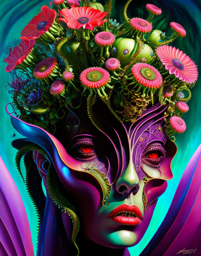 Colorful surreal portrait with floral and plant designs.