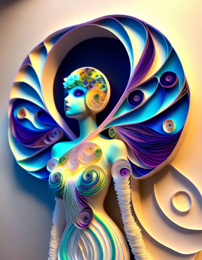 Colorful Digital Artwork of Stylized Female Figure with Swirling Patterns