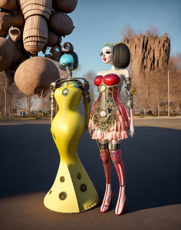 Stylized humanoid robot figures in outdoor setting with surreal sculpture