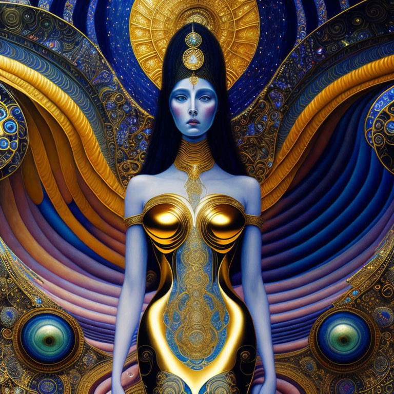 Vividly colored surreal portrait of a woman with blue skin and golden attire