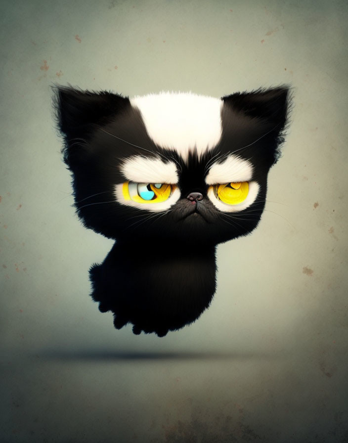 Monochrome cat head with yellow eyes on textured grey background