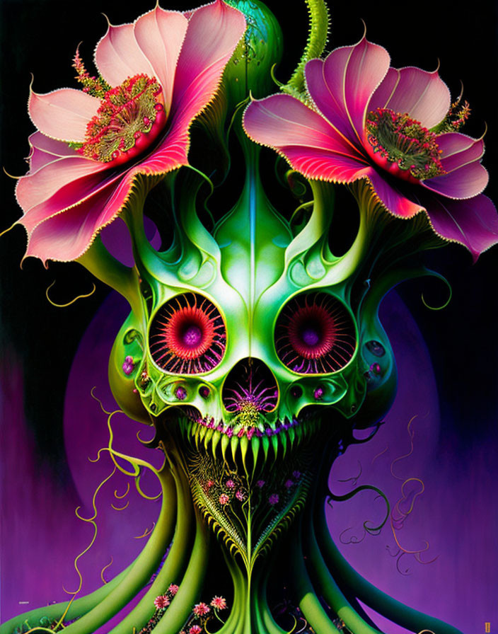 Colorful Psychedelic Alien Creature with Floral Patterns and Blooming Flowers