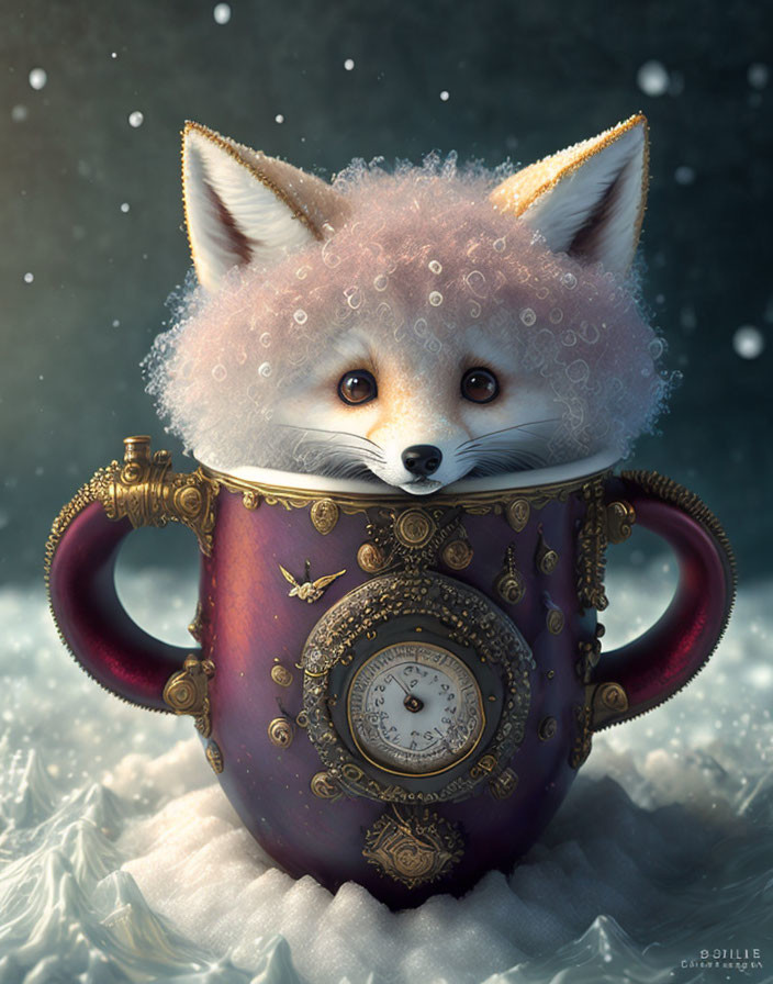 Illustration of small fox in purple cup with snowflakes