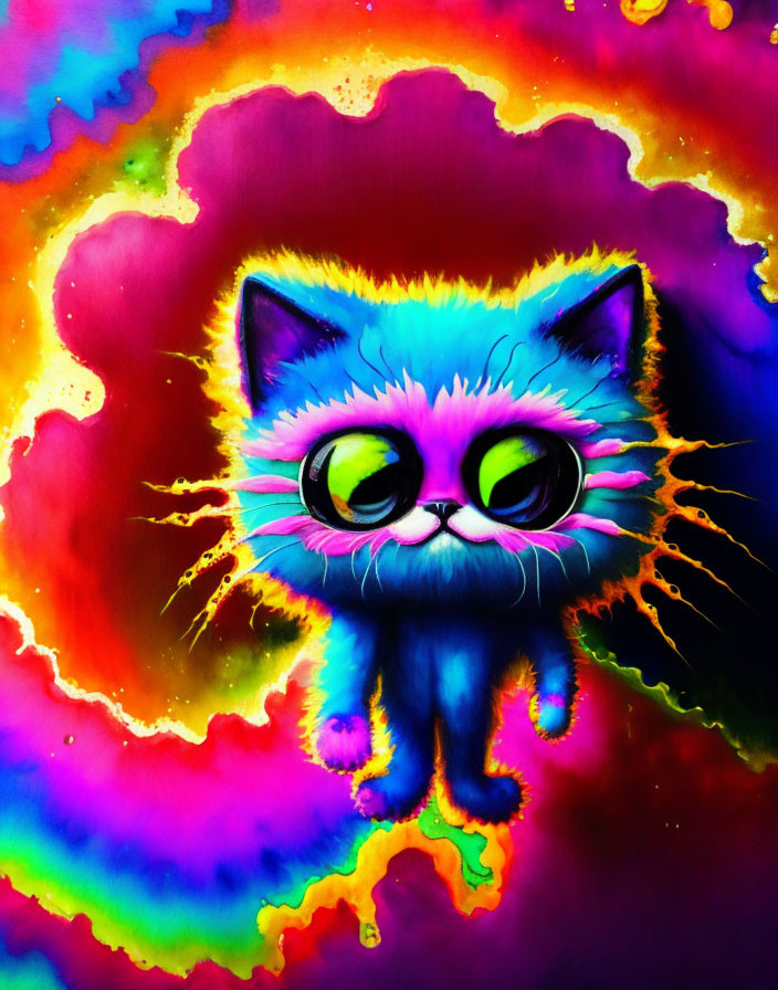 Colorful Psychedelic Blue Fluffy Cat Illustration