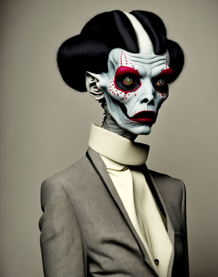 Skeleton-inspired theatrical makeup with black and white hairstyle and beige suit.