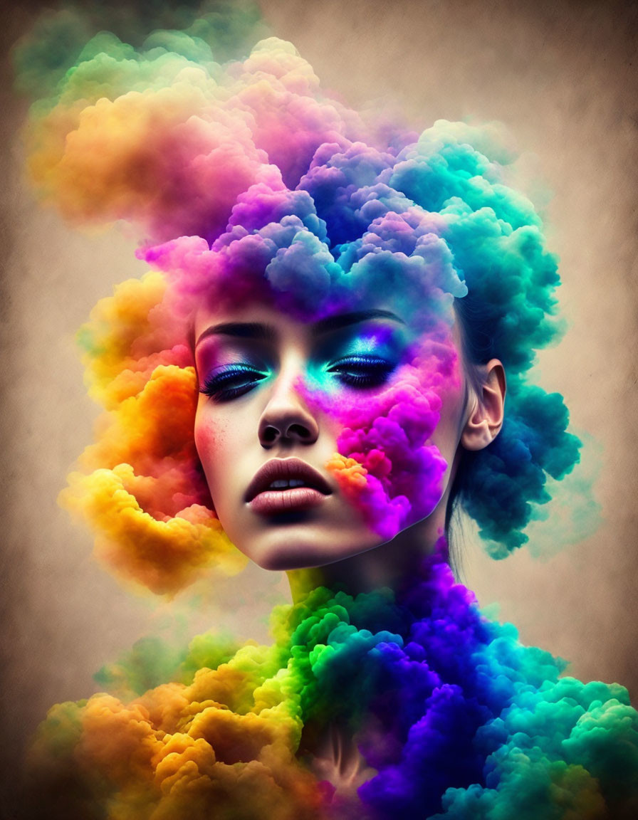 Colorful Smoke Blending into Woman's Hair