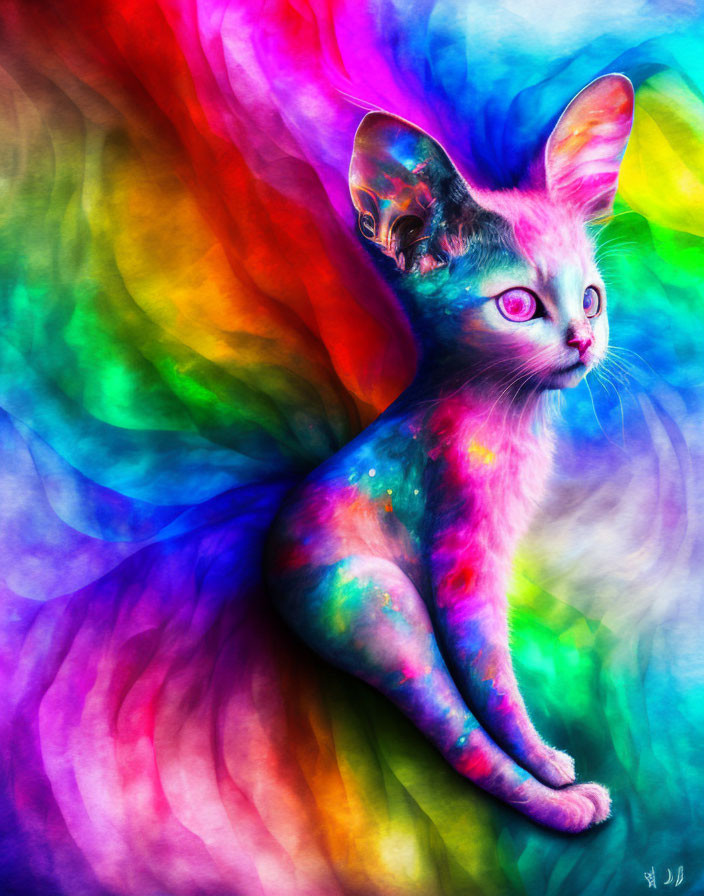 Colorful Cat Artwork with Rainbow Background