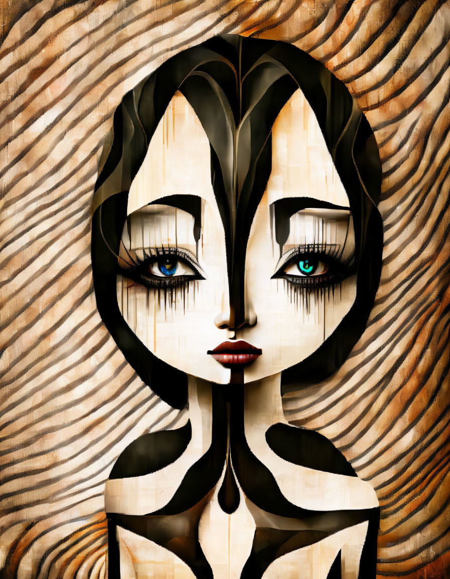 Stylized female figure with large eyes and striped patterns on skin against wooden background