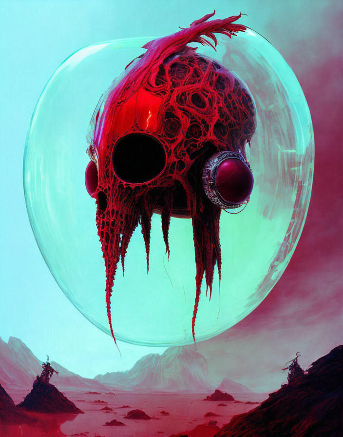 Biomechanical sphere with red organic textures in transparent bubble above alien landscape