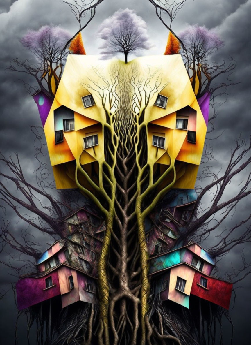 Colorful surreal artwork: tree merges with abstract houses under stormy sky