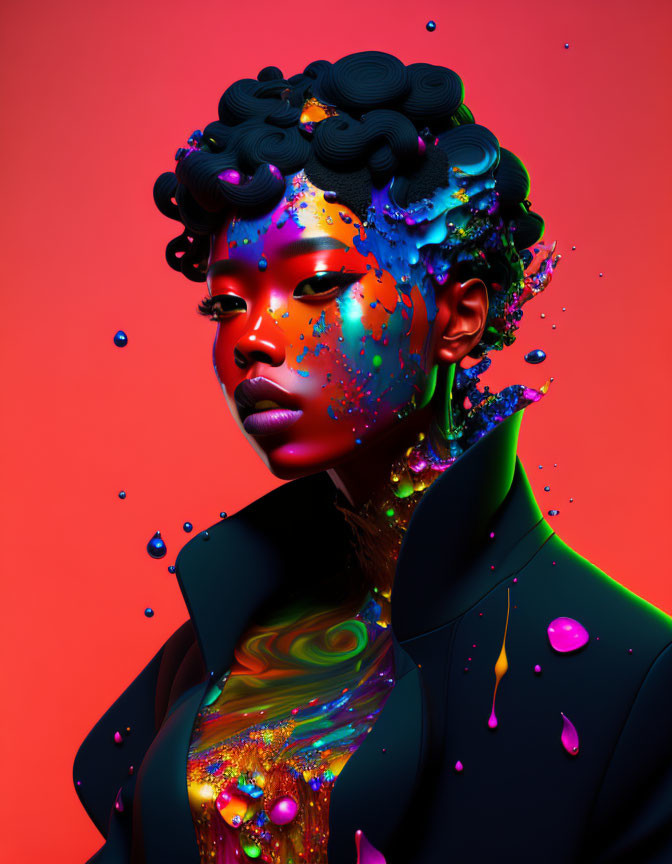 Colorful digital portrait with splashes on face and neck against red background