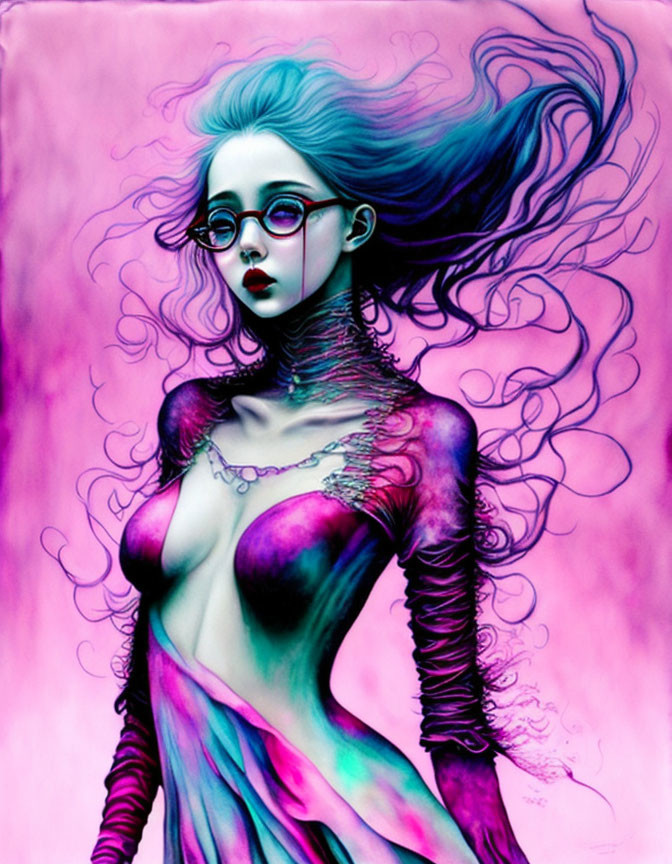 Stylized illustration of woman with flowing hair and glasses in vivid purple hues