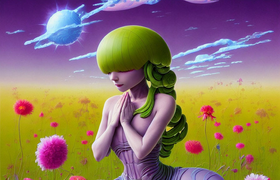 Stylized animated female figure meditating in vibrant meadow under purple sky