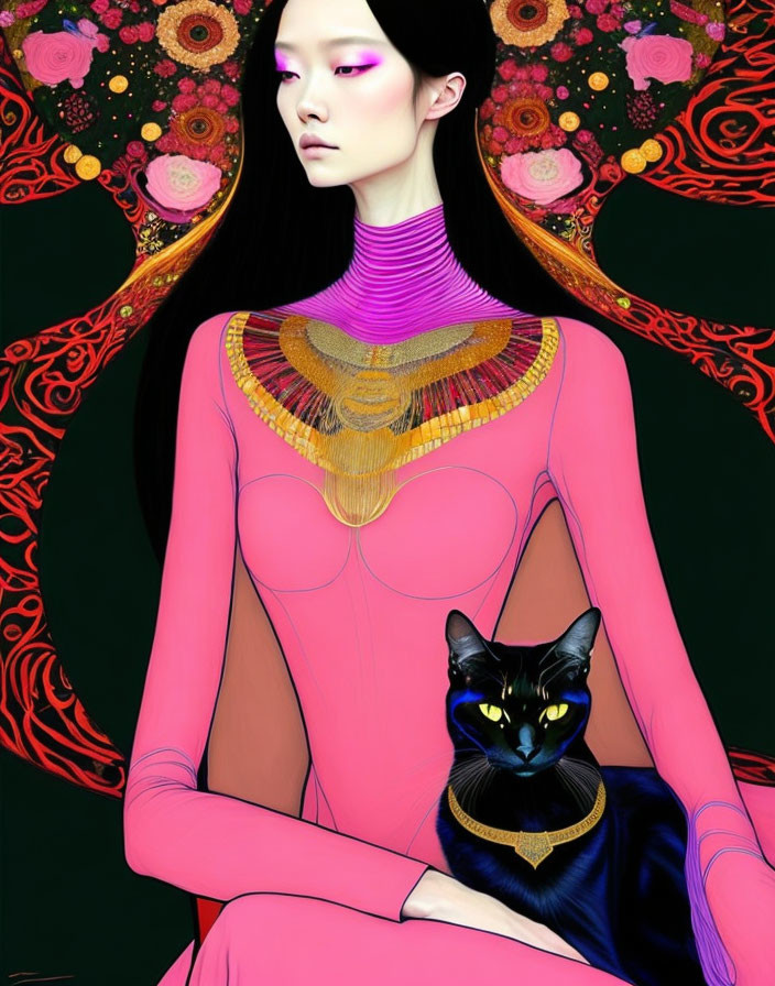 Illustrated Woman with Purple Eyeshadow Holding Black Cat on Floral Background