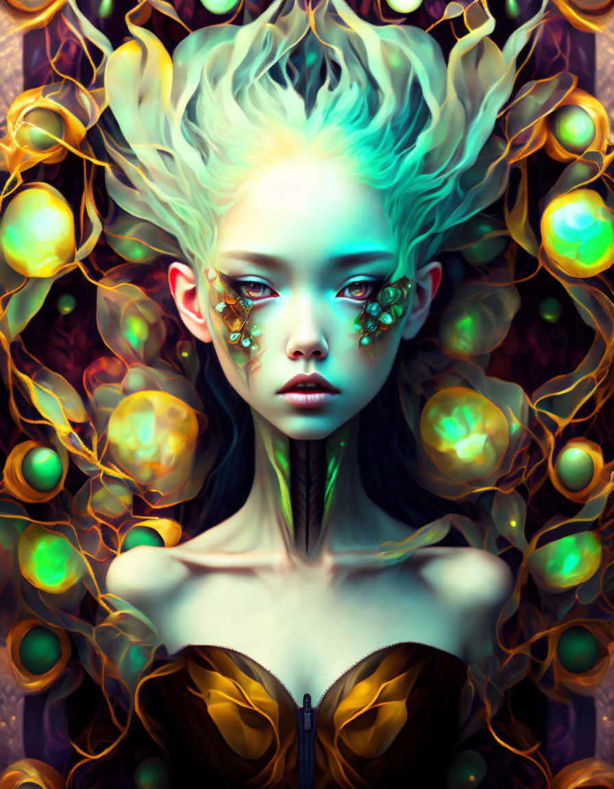 Fantastical female figure with pale skin, wild white hair, and vibrant green eyes adorned with gold