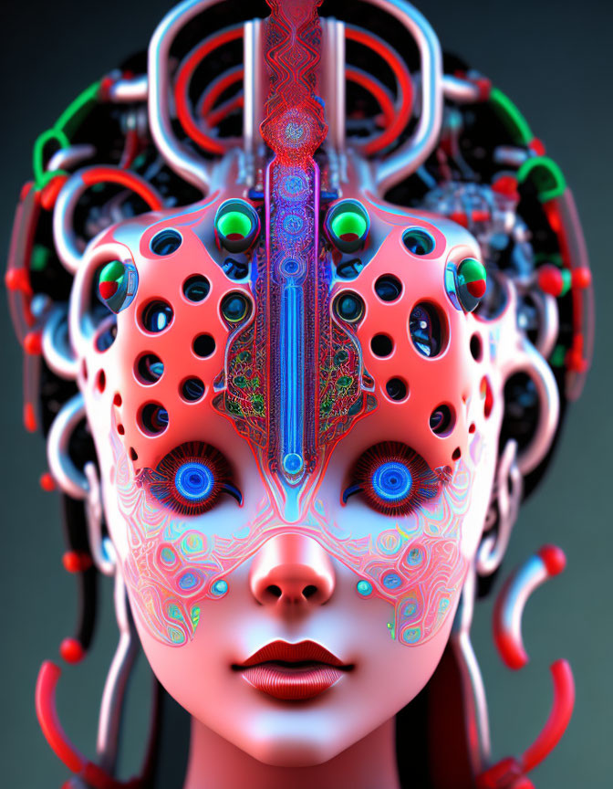 Colorful humanoid robot face with intricate circuitry patterns and cables.