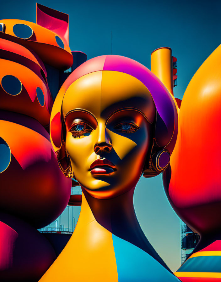 Vibrant digital art: stylized female figure in colorful hues against abstract backdrop