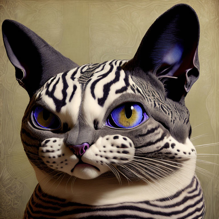 Digital art: Cat with human-like eyes, zebra and tiger stripes.