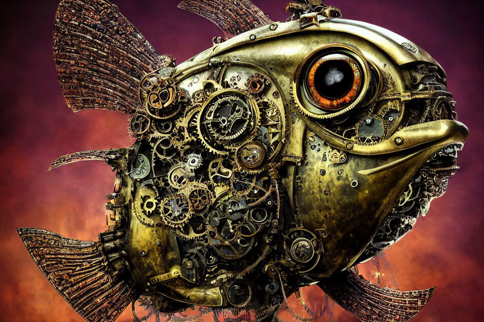 Intricate steampunk mechanical fish on fiery red background