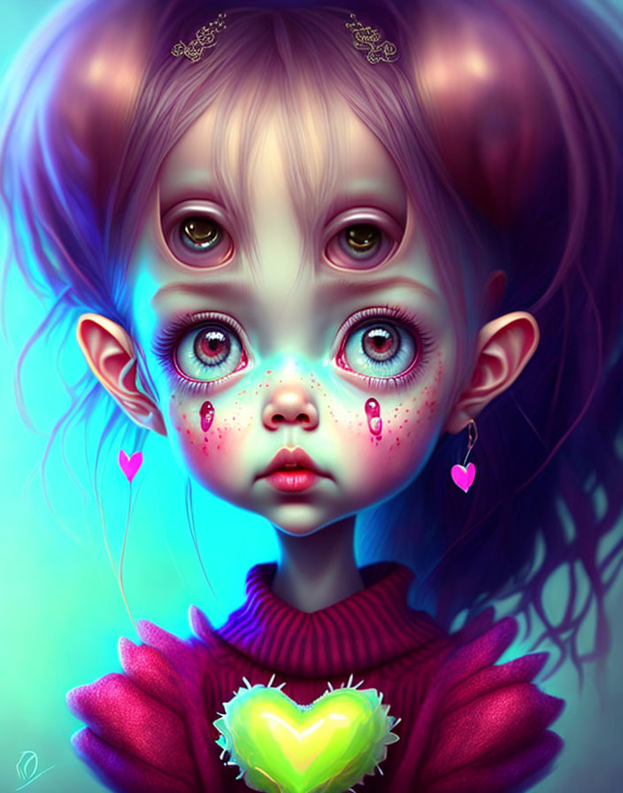 Vibrant illustration of girl with expressive eyes in purple and teal