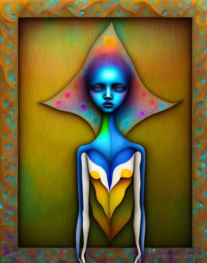 Blue-skinned androgynous figure with star halo in vibrant digital art