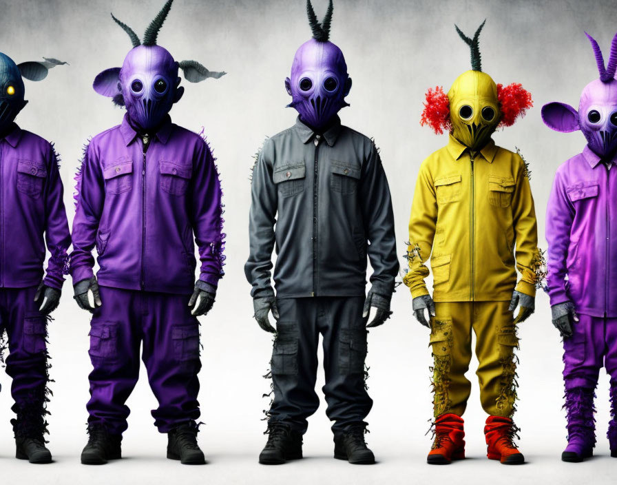 Four people in colorful hazmat suits and animal masks on grey background