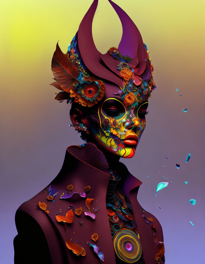 Vibrant digital art: person in ornate mask with horns, surrounded by petals on gradient background