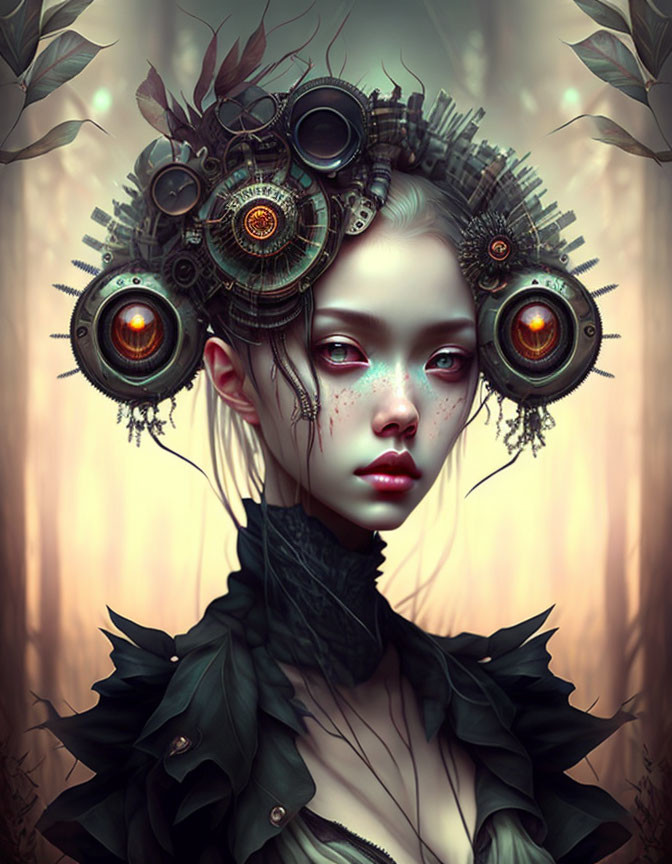 Steampunk-style digital artwork of woman with mechanical headgear and vibrant amber eyes