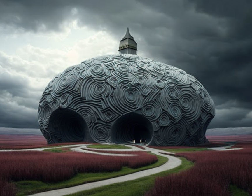 Whimsical brain-shaped building under stormy skies with lighthouse and red field