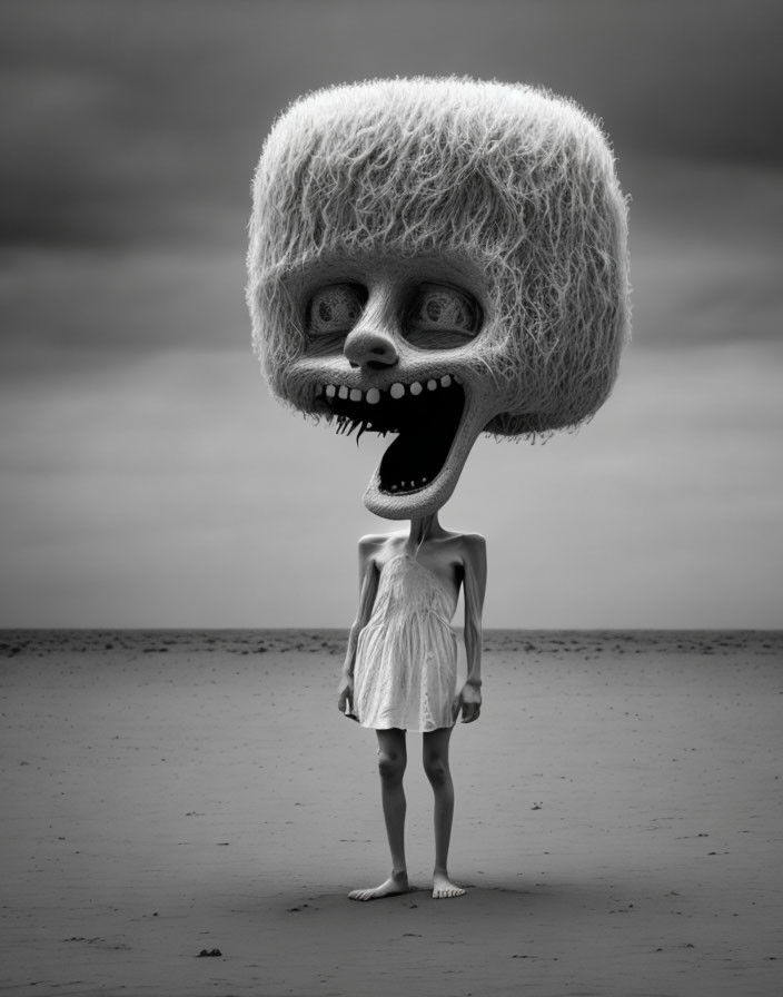 Surreal black and white image: figure with large cube-shaped head on barren landscape