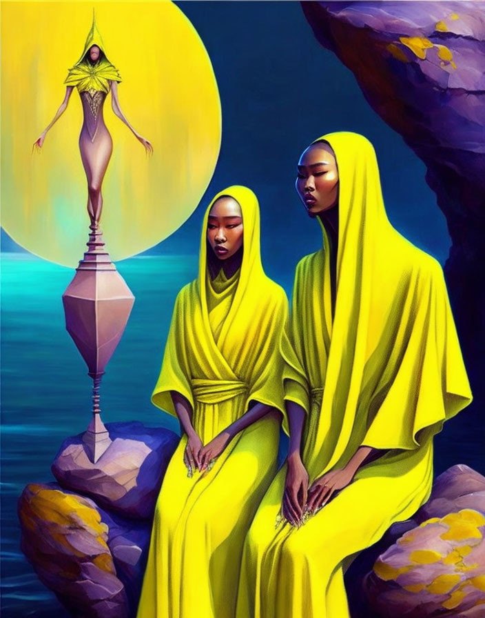 Three Yellow-Garbed Figures in Surreal Moonlit Scene